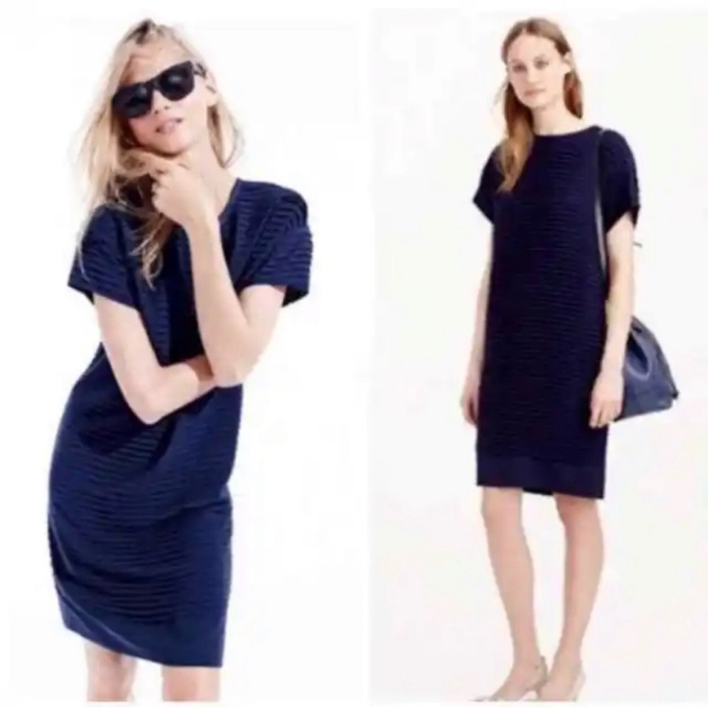 J Crew navy blue pleated Chiffon crew Dress exposed zipper back sheath  Sz 4